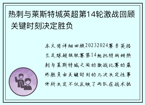 热刺与莱斯特城英超第14轮激战回顾 关键时刻决定胜负